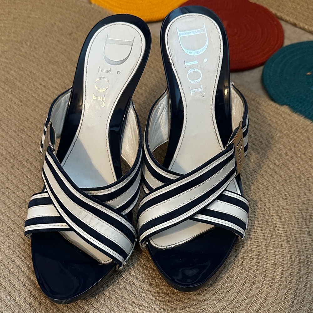 Dior Women's Navy and White Striped Sandals